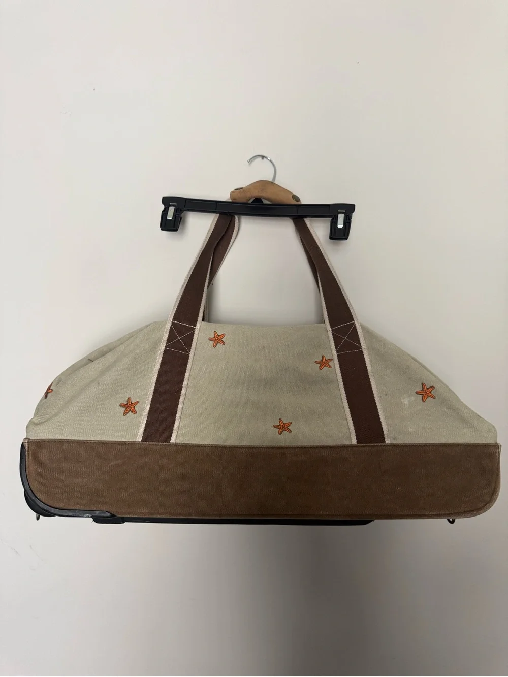 L.L. Bean Cream Canvas Duffel with Brown Straps and Orange Star Accents